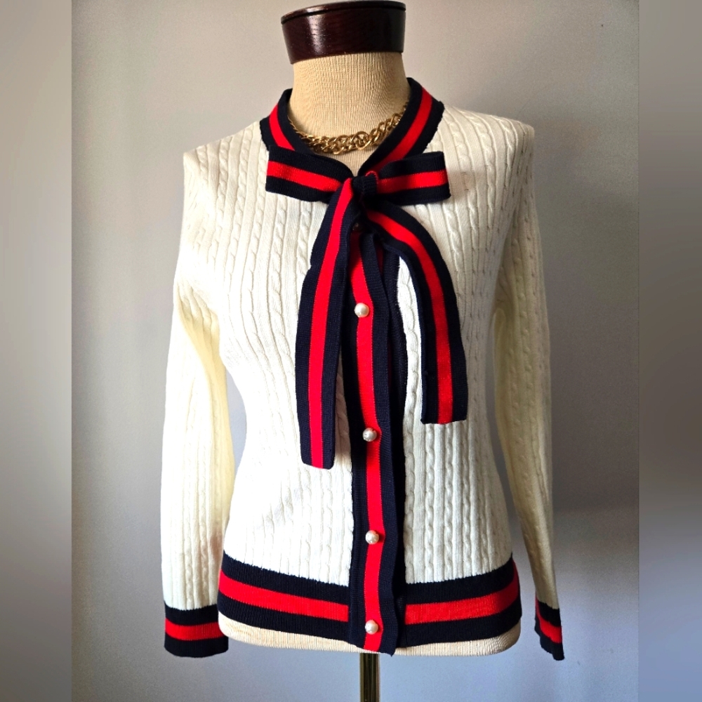 YANA Cream with Navy and Red Nautical Preppy Cardigan Sweater With Bow. Small